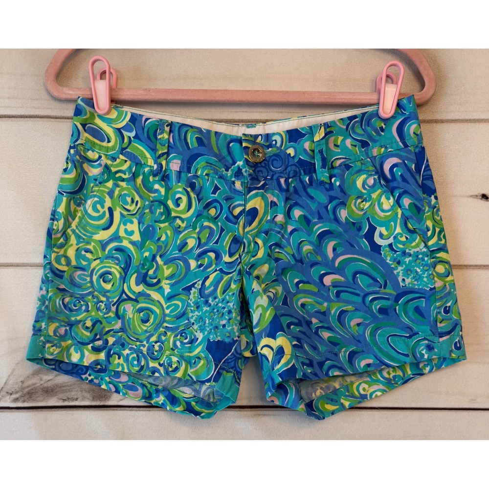 Lilly Pulitzer Callahan Shorts Size 0 Blue Green Swirl Floral Cotton Chino